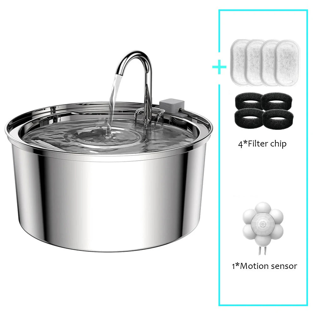 Stainless Steel Pet Water Feeder Cat Automatic Fountain USB Mute Filter Bowl