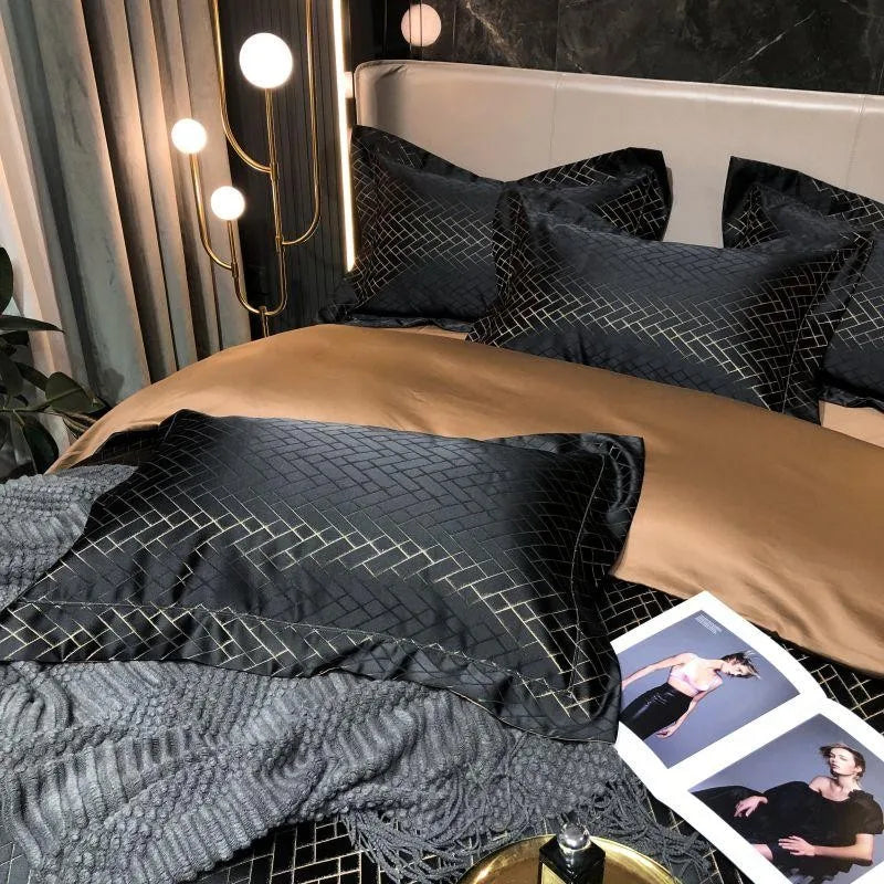 4/6Pcs Luxury Black Gold Jacquard Egyptian Cotton Duvet Set