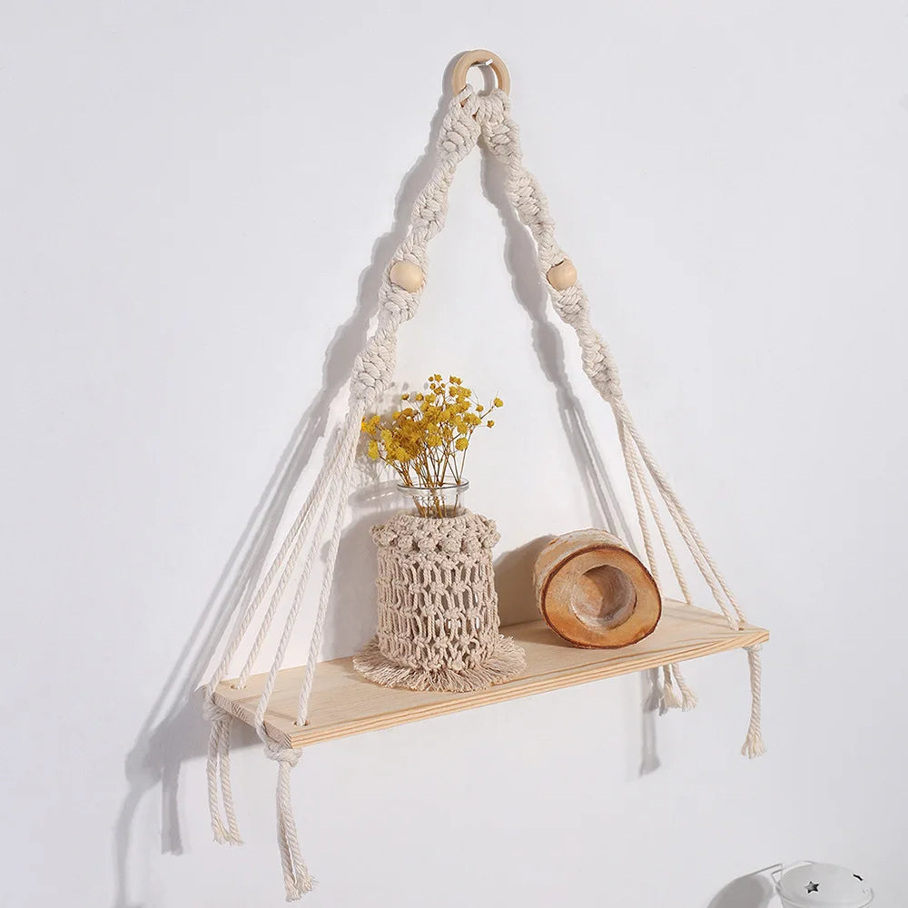 Wooden Wall Shelves Boho Floating Macrame Hangers Rustic Decor