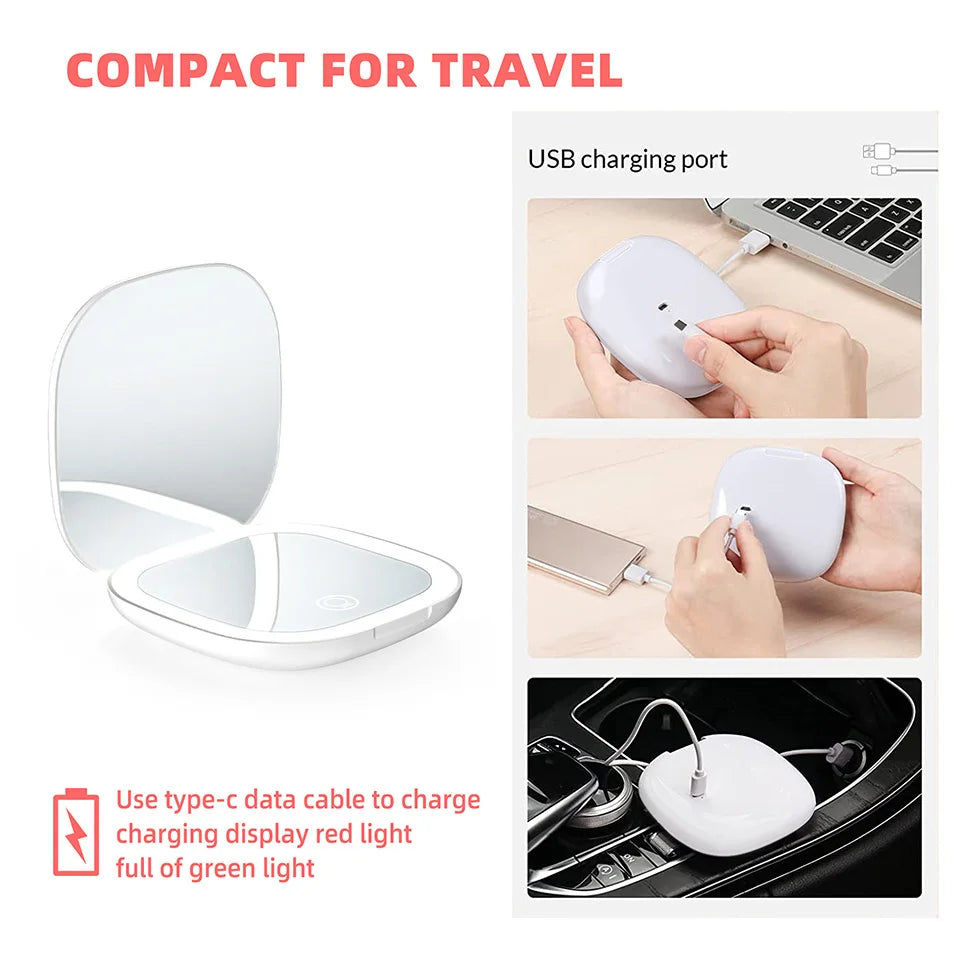 Mini Compact Foldable LED Makeup Mirror with 5x and 10x Magnification Rechargeable and Travel Friendly