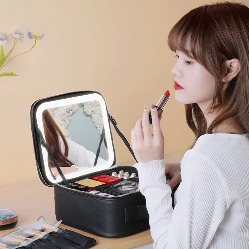 Smart LED Makeup Case with Mirror and USB Charging Waterproof Travel Cosmetic Bag for Women Portable Vanity with Adjustable Lighting