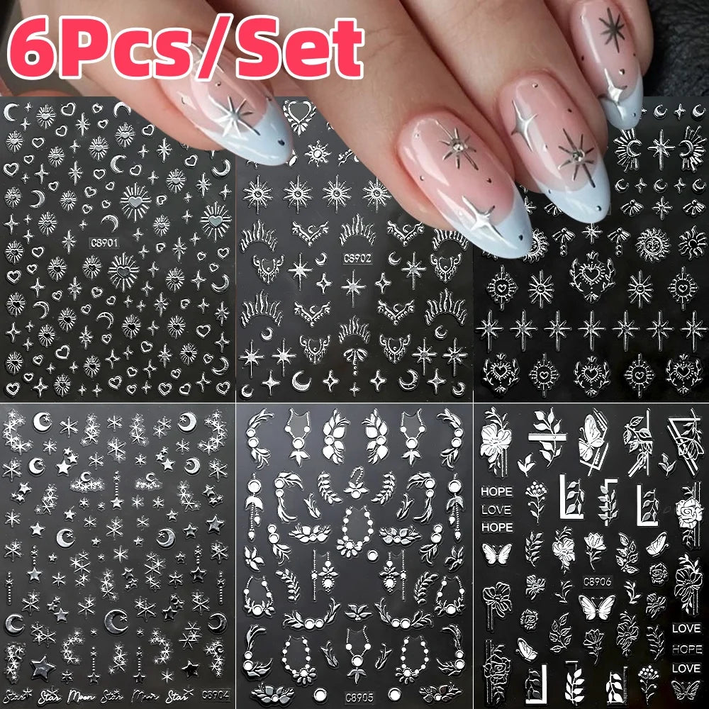 6Pcs/Set Metal Silver Star Heart Moon 3D Nail Art Stickers