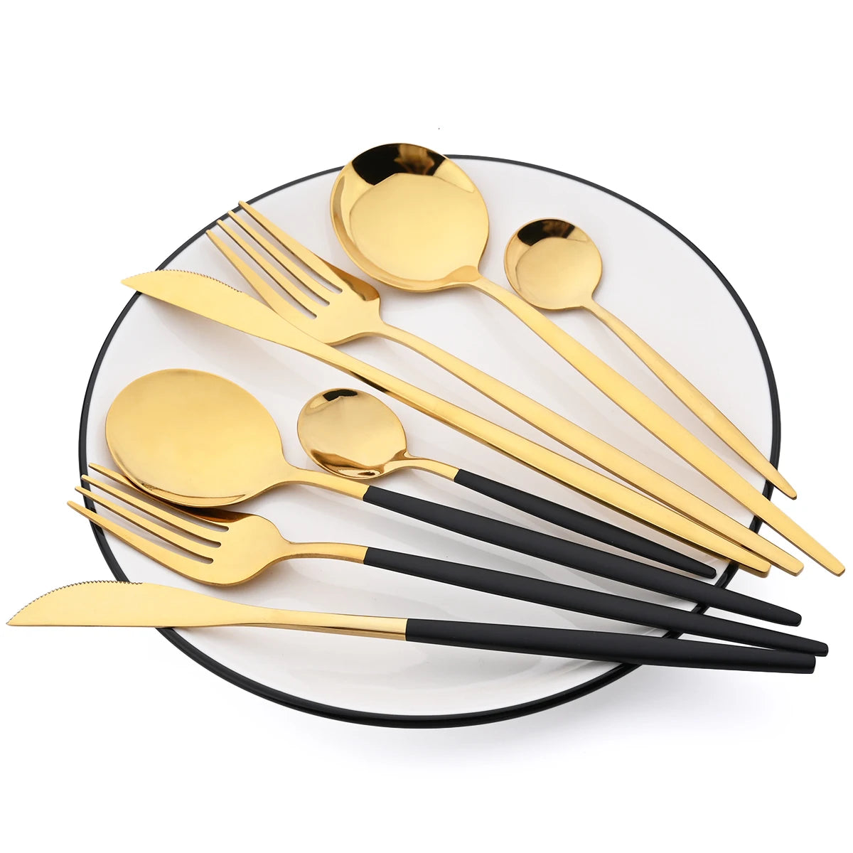16 Piece Black and Gold Stainless Steel Cutlery Set Elegant Dinnerware Flatware for Home and Special Occasions