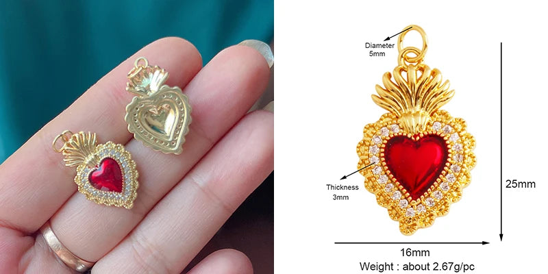 New Sacred Red Heart Charm Pendant 18K Gold Plated Zircon