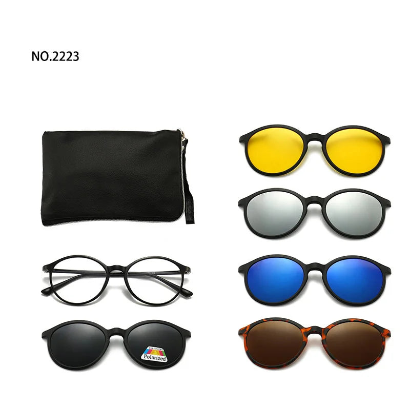 6 In 1 Spectacle Frame Men Women with Clip On Polarized Sunglasses