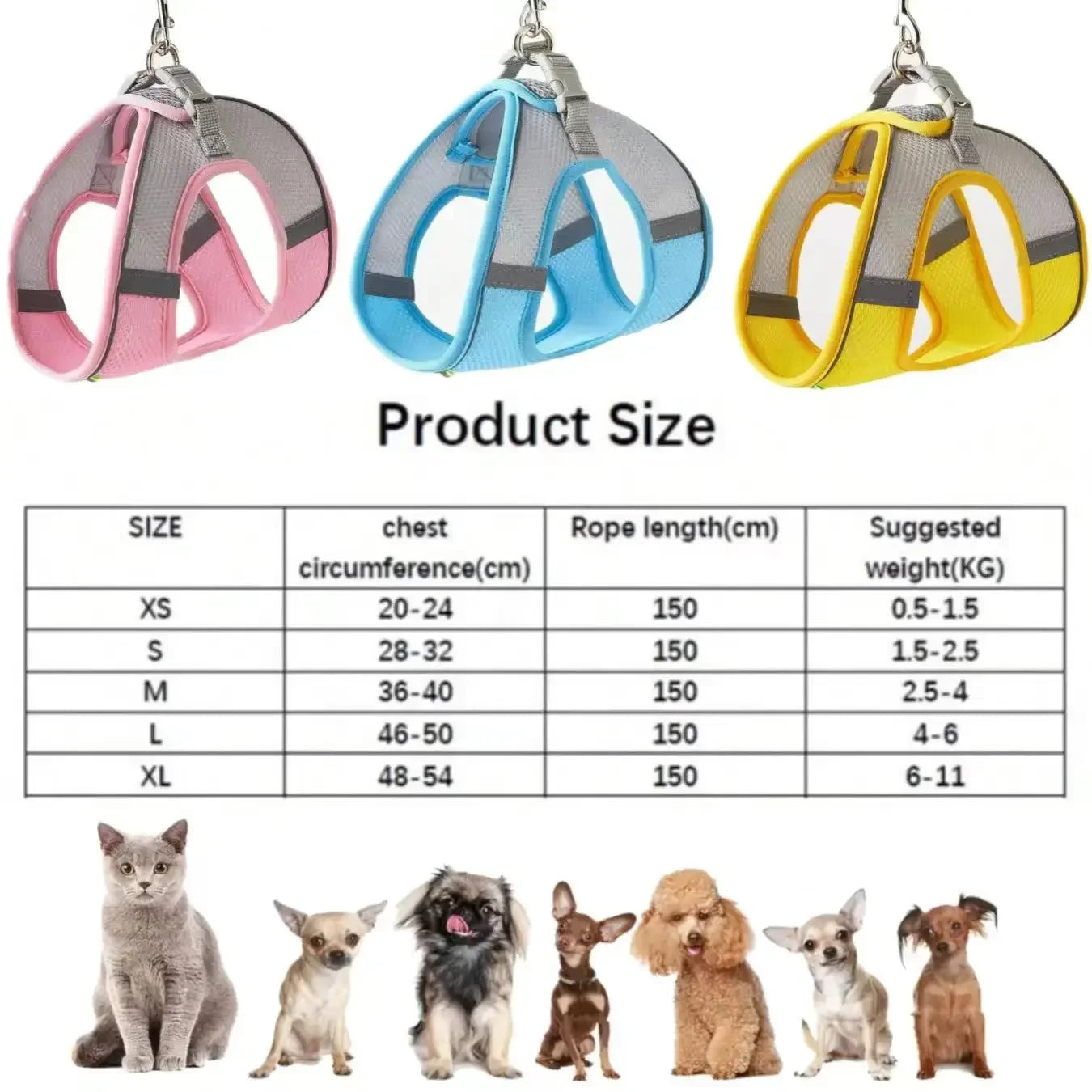Cat Dog Harness Vest Chest Rope Set Reflective Breathable Adjustable Pet Harness for Small Dogs Pug Chihuahua Outdoor Walking