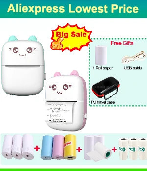 Portable Mini Thermal Printer Wirelessly BT 203dpi Photo Label Memo Printing with USB Cable