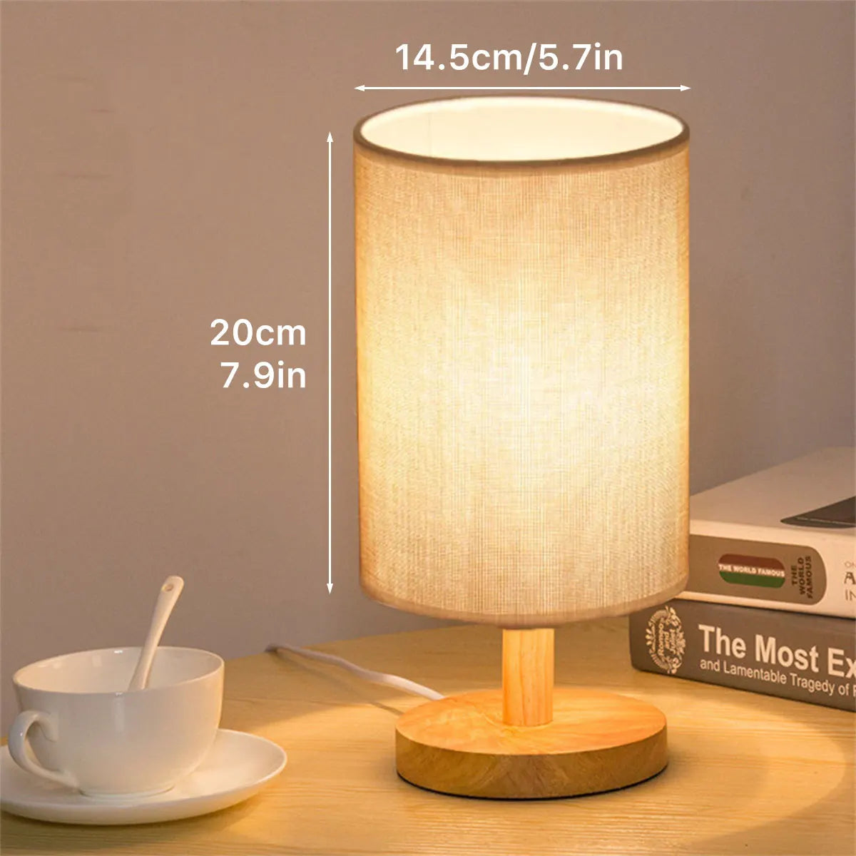 USB Wooden Bedside Lamp with Cylinder Shade Night Light for Bedroom Home Decor