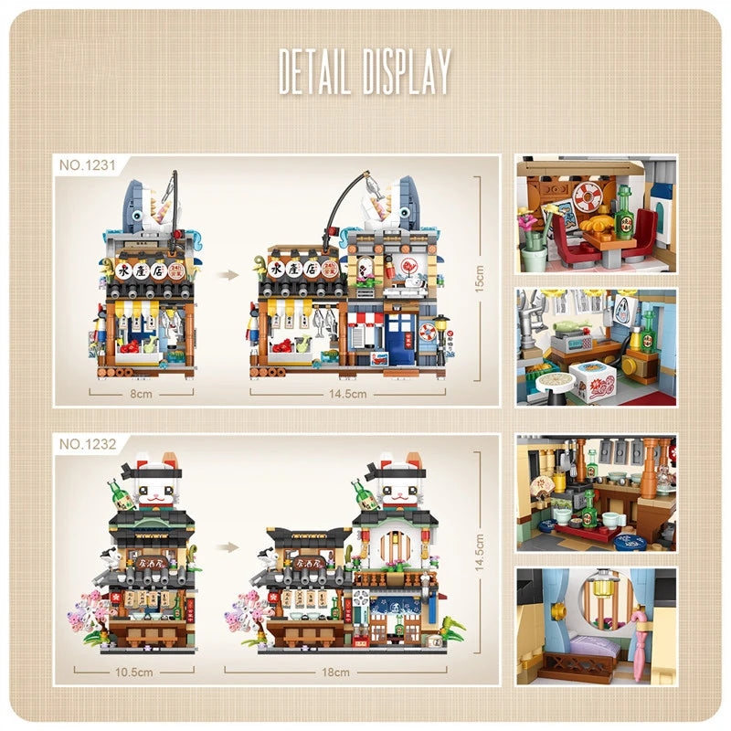 Street View Mini Building Blocks Gift Set – Izakaya Shaved Ice Shop, Takoyaki Shop, Coffee Shop and Panda Tea House