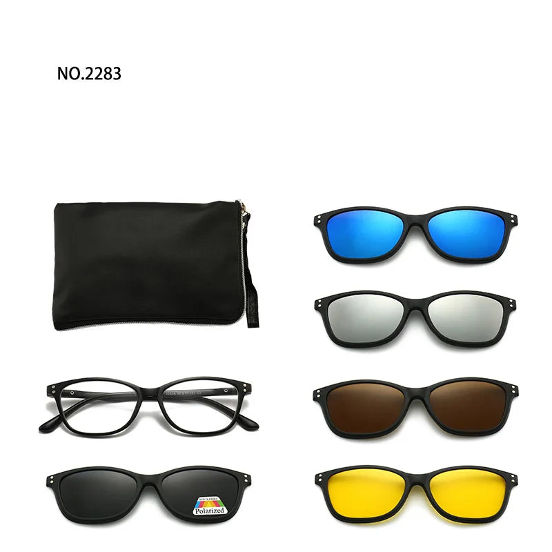 6 In 1 Spectacle Frame Men Women with Clip On Polarized Sunglasses