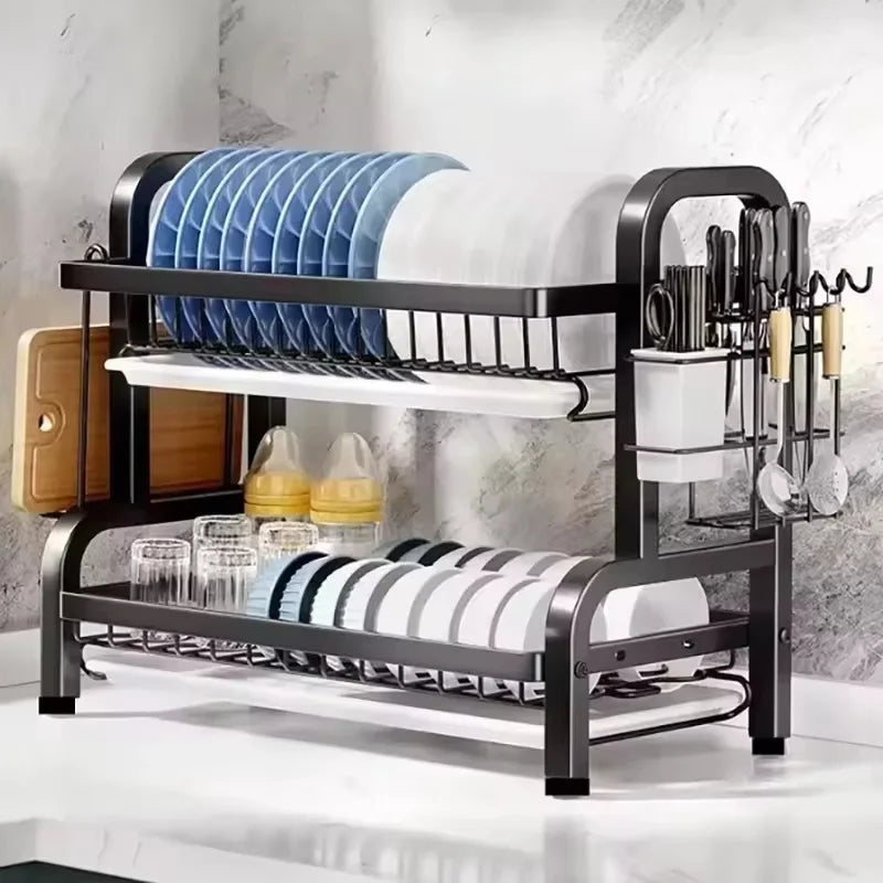 3-Tier Compact Dish Drying Rack with Drainboard Large Rust-Proof Metal Kitchen Storage Solution