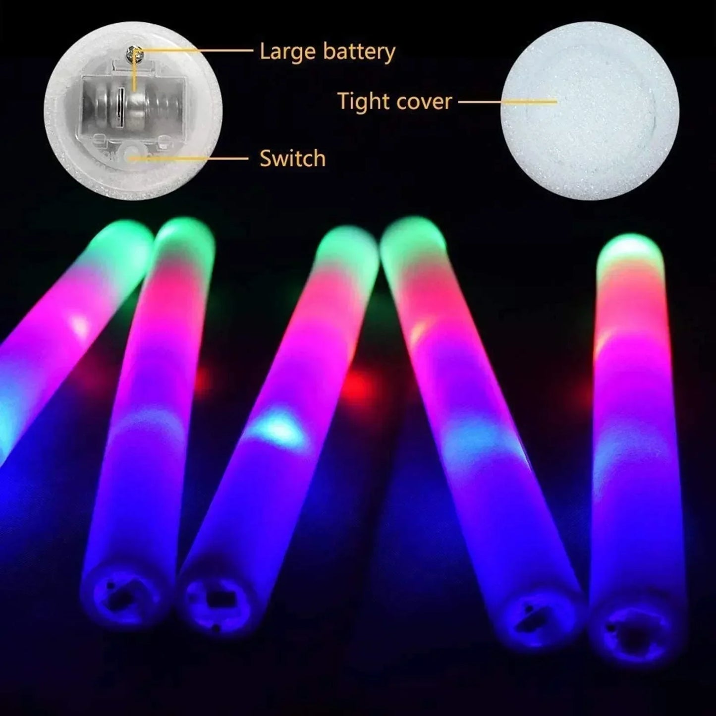 Colorful RGB LED Glow Sticks Foam Party Pack 10 to 60 Pieces for Christmas Birthdays Weddings and Glow in The Dark Celebrations