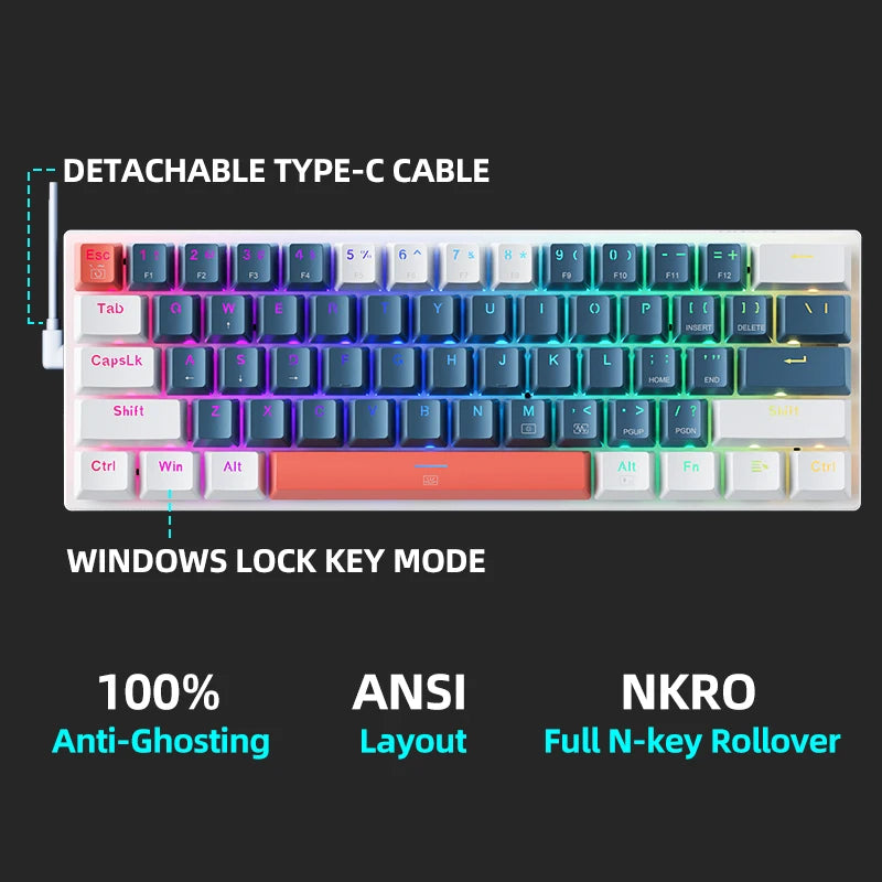 Mini teclado mecánico Machenike K500-B61, factor de forma del 60 %, 61 teclas, teclado para juegos con cable, teclas completas, retroiluminación RGB intercambiables en caliente