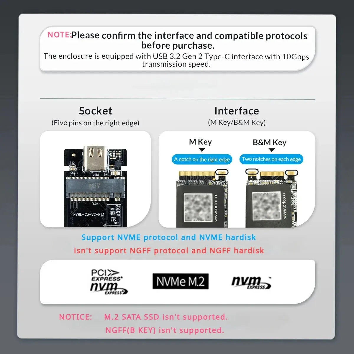 USB3.1 M.2 SSD Enclosure Mobile Case For NVME Type-C Metal