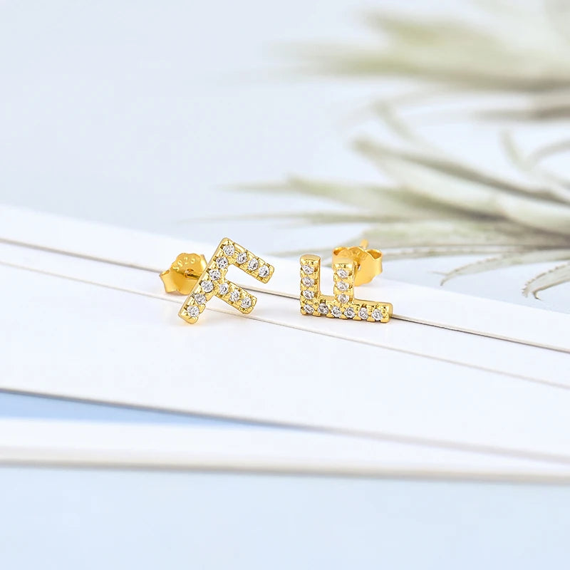 Simple Metal 925 Sterling Silver Letter Earrings with Zircon