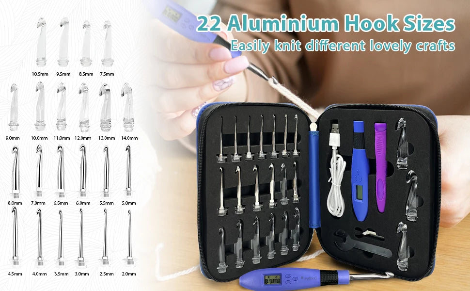 22PCS Lighted Crochet Hook Set with Counter Ergonomic Interchangeable Metal Heads for Comfortable Crocheting