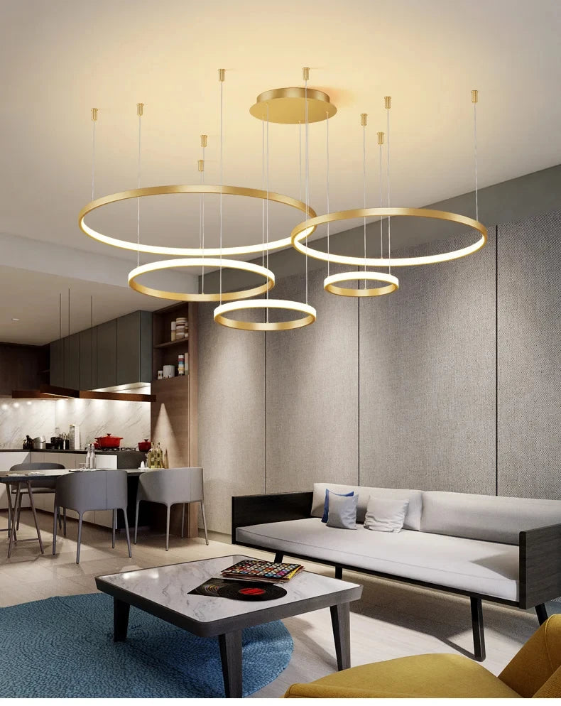 Black Rings Modern Minimalist Dimmable Pendant Light for Living Room and Restaurant Remote Control Chandelier Home Decor