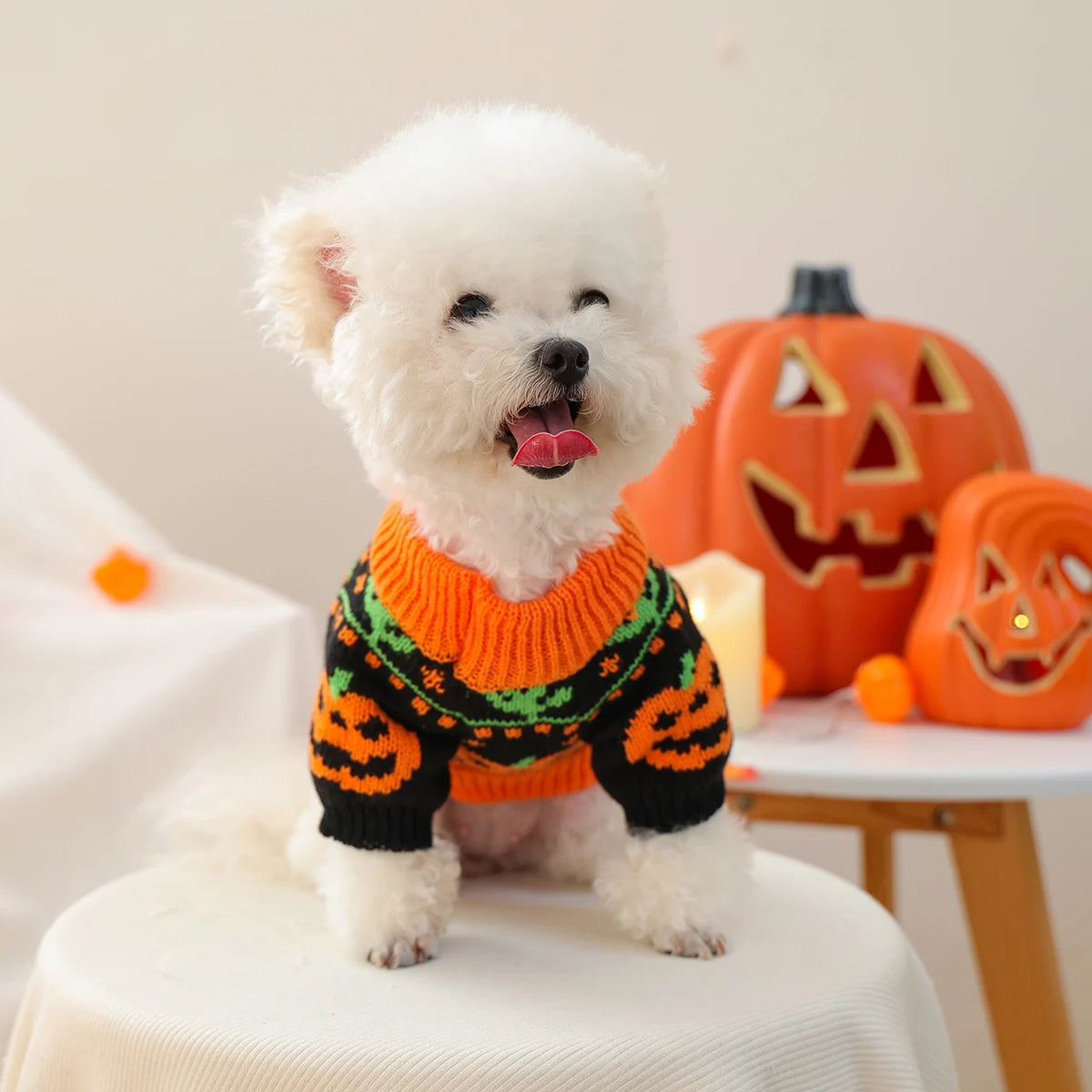 1PC Halloween Sweater Pet Clothes Dog Cat Cute Holiday Atmosphere Thickened Warm Orange Pumpkin Head Cover Elastic Fir