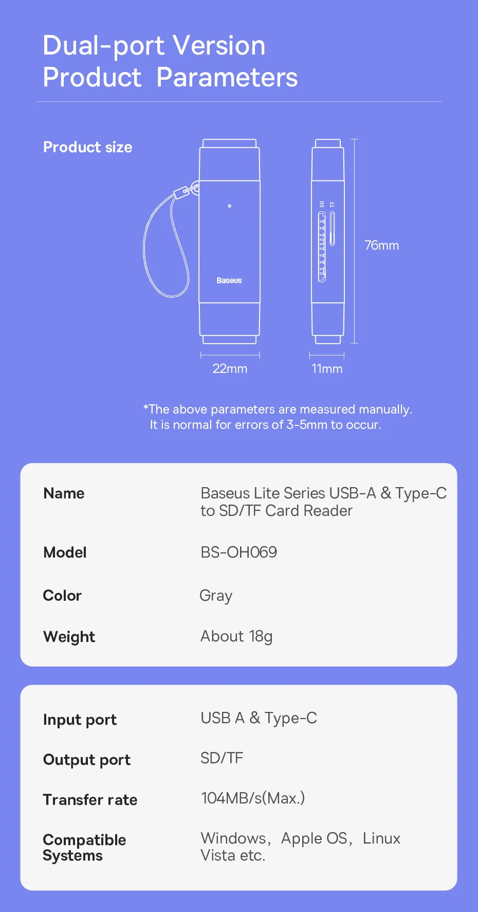 Lector de tarjetas Baseus USB C y USB 3.0 a SD Micro SD TF Dispositivo de tarjeta de memoria 104 MB/s 2 TB Lector de tarjetas inteligentes para accesorios para computadora portátil