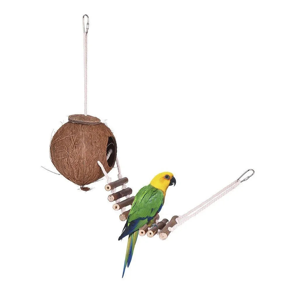 Comfortable Cute Design Natural Coconut Shell Bird Nesting House Small Size Pet Parakeets Finches Sparrows Cage With Ladder