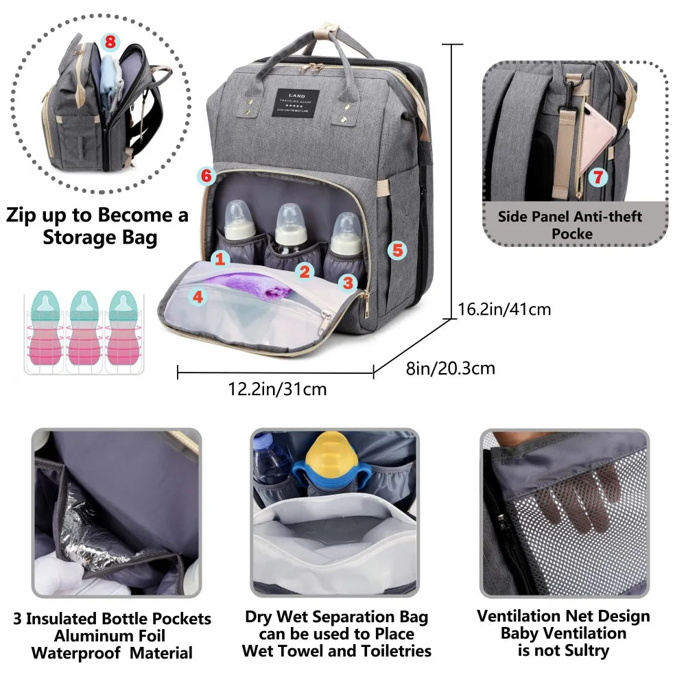 Lightweight Portable Folding Crib Mommy Bag Large Capacity Travel Diaper Backpack for Moms