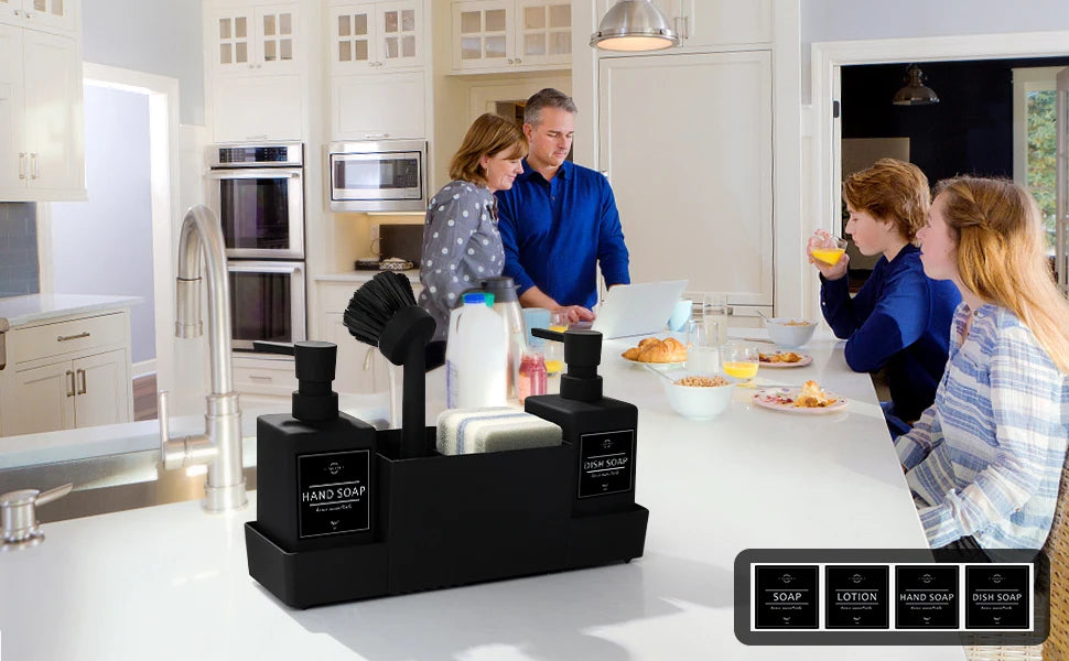 Matte Black Kitchen Soap Dispenser and Sponge Holder Set for Sink Caddy with Hand Soap and Dish Soap Storage