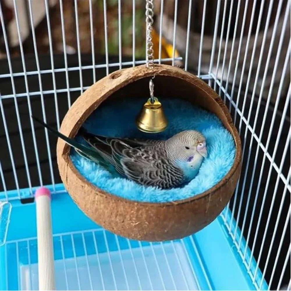 Bird Coconut Shell Nest Hanging Natural Coconut Shell with Cushion Parrot Hammock Swing House Bird Cage Accessories