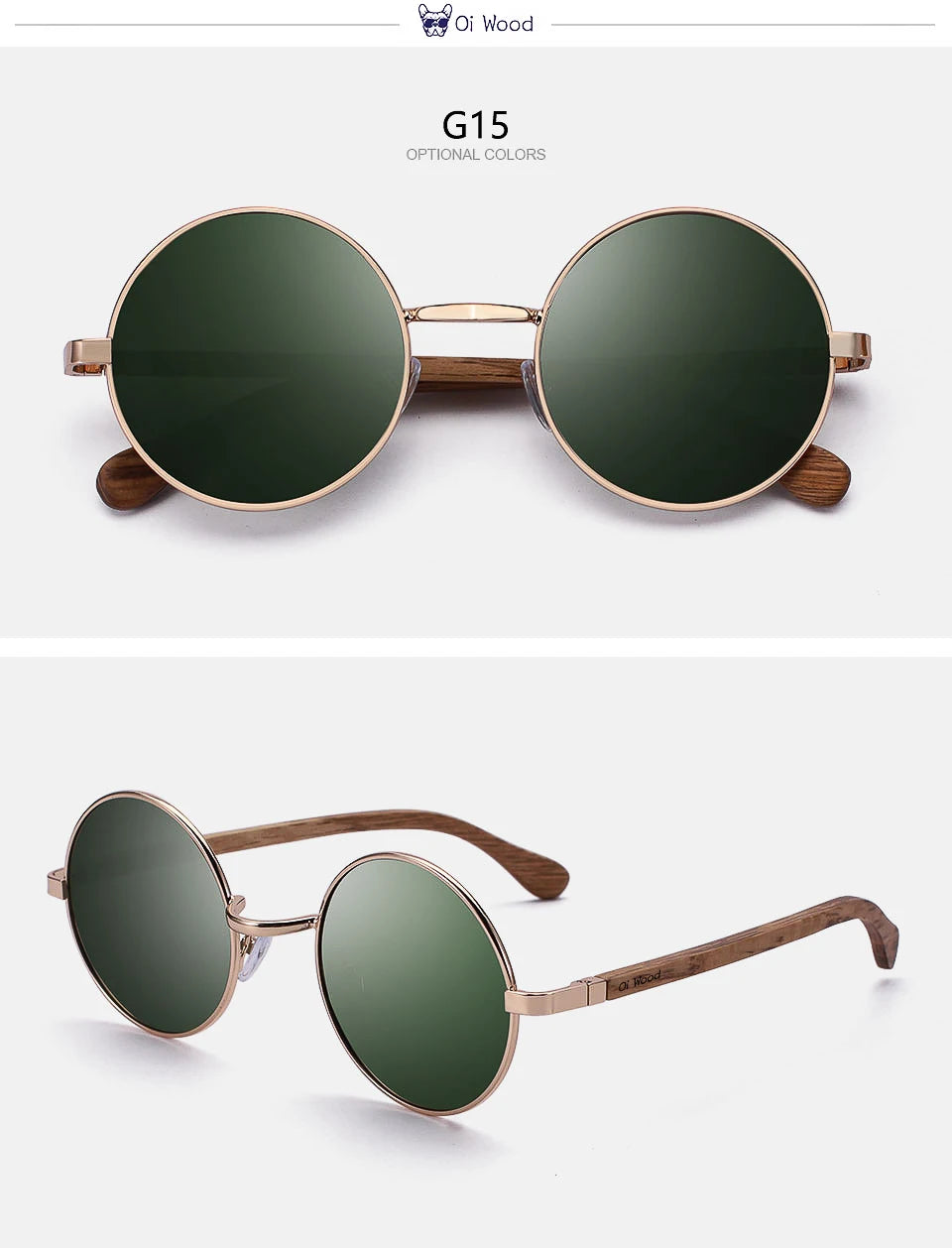 Oi Wood Retro Round Sunglasses For Men Women Polarized Blue Mirror Eyewear 8024