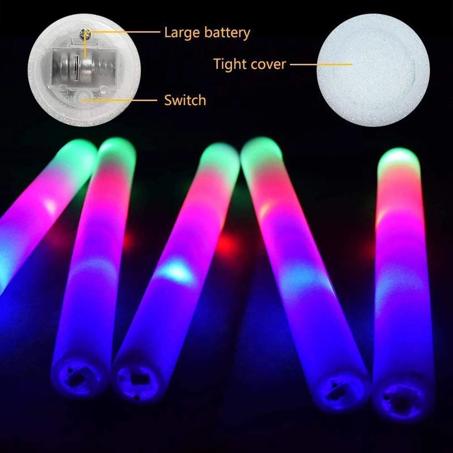 Colorful RGB LED Glow Sticks Foam Party Pack 10 to 60 Pieces for Christmas Birthdays Weddings and Glow in The Dark Celebrations