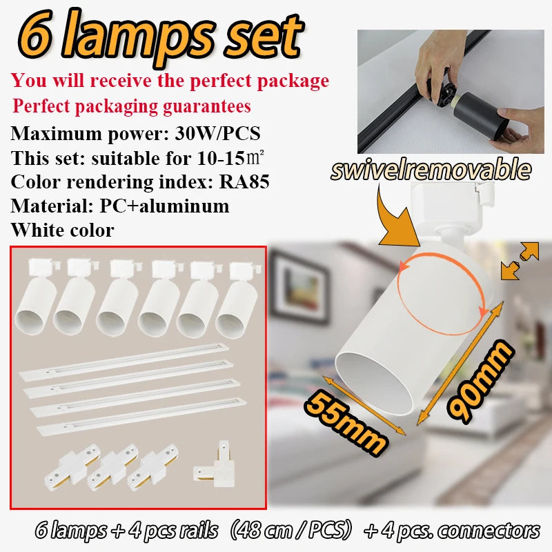 Dimmable GU10 Track Light Set Smart Home Spotlights Adjustable Ceiling Rail Lighting for Kitchen and Living Room