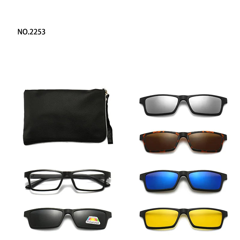 6 In 1 Spectacle Frame Men Women with Clip On Polarized Sunglasses