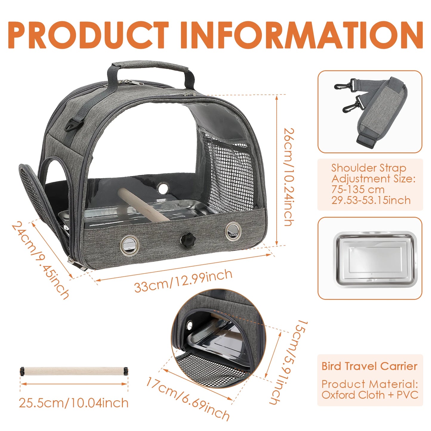 Portable Bird Travel Bag Oxford Cloth Bird Carrier Parrot Travel Cage with Tray and Clear Window Travel Bird Raising Supplies