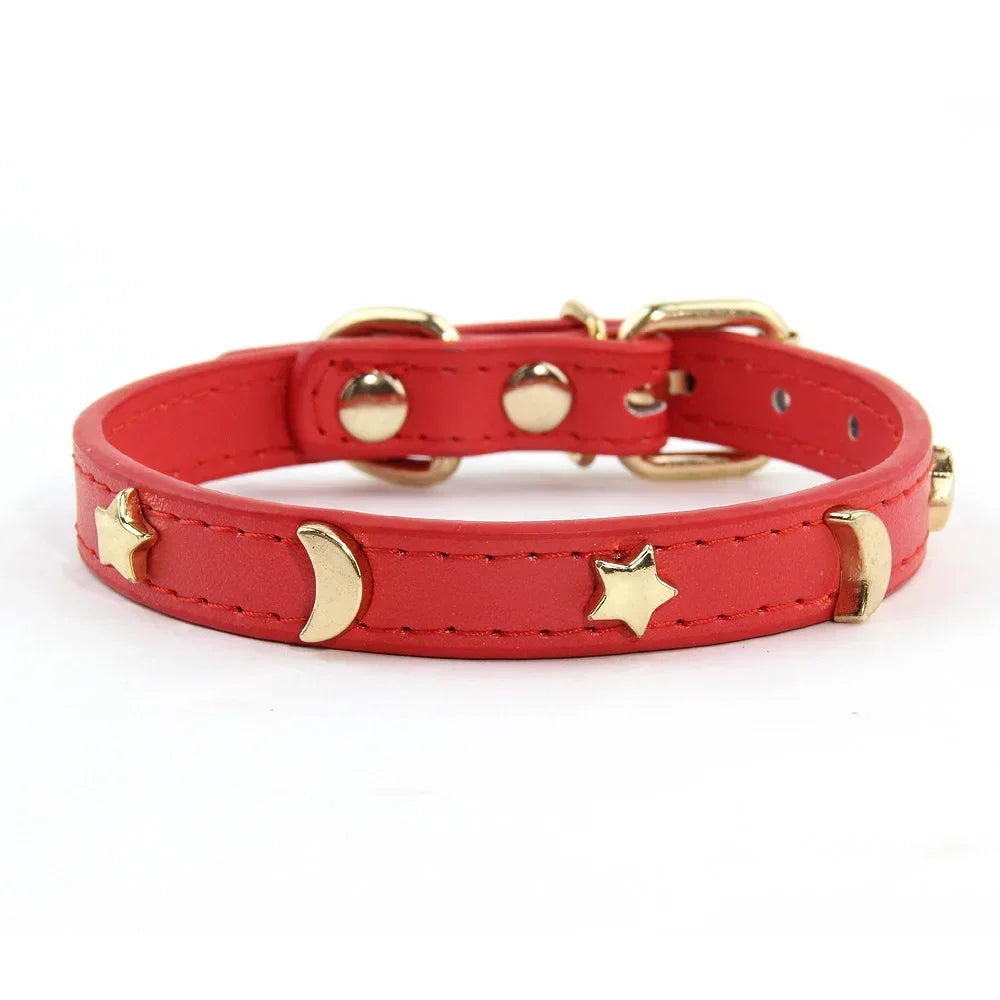 Cute Cat Collar Soft Leather Pet Collars For Small Dog Kitten Puppy Necklace Cat Accessories Star Moon Rivets Decoration XS-M