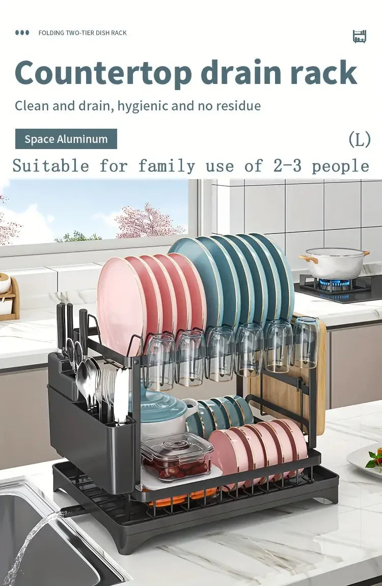 2 Tier Large Stainless Steel Dish Drying Rack with Drainboard for Kitchen Counter - Multifunctional Dish Drainer for Plates and Cups