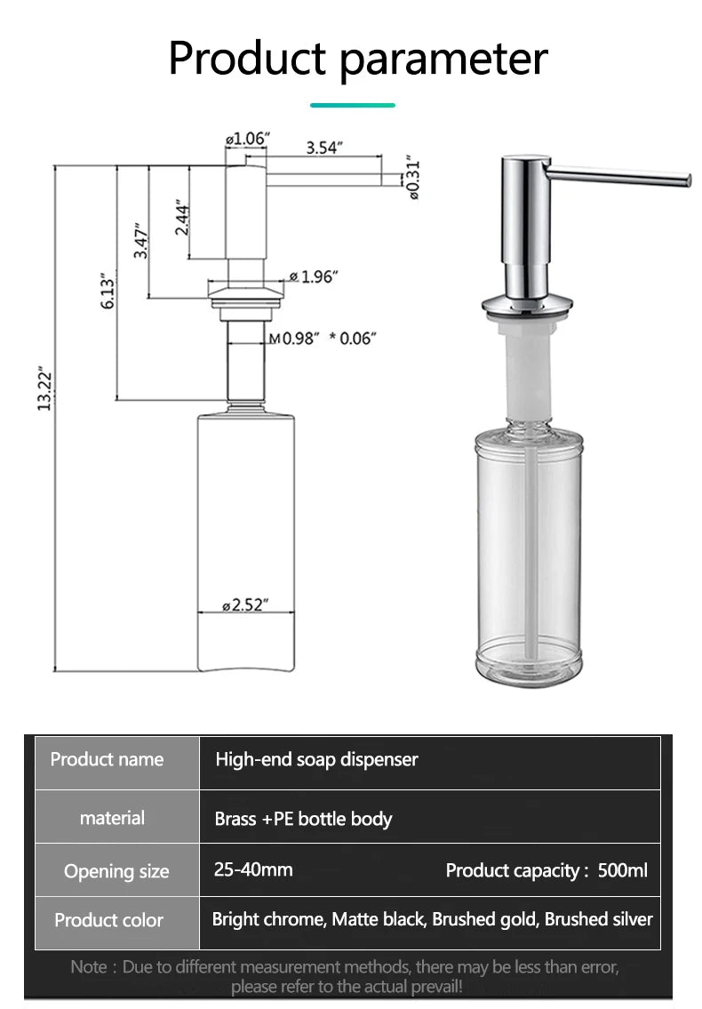 500ml Built-in Pump Kitchen Liquid Soap Dispenser Brass Brushed Nickel Elegant Design for Sink Counter Black Hand Pressure