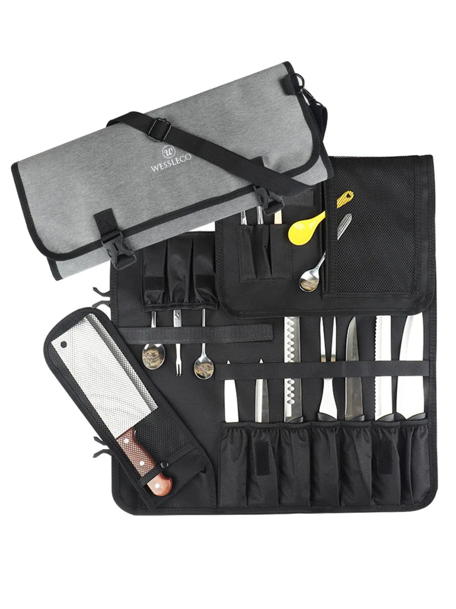WESSLECO Portable Chef Knife Bag Roll Case with Durable Storage Pockets for Easy Organization