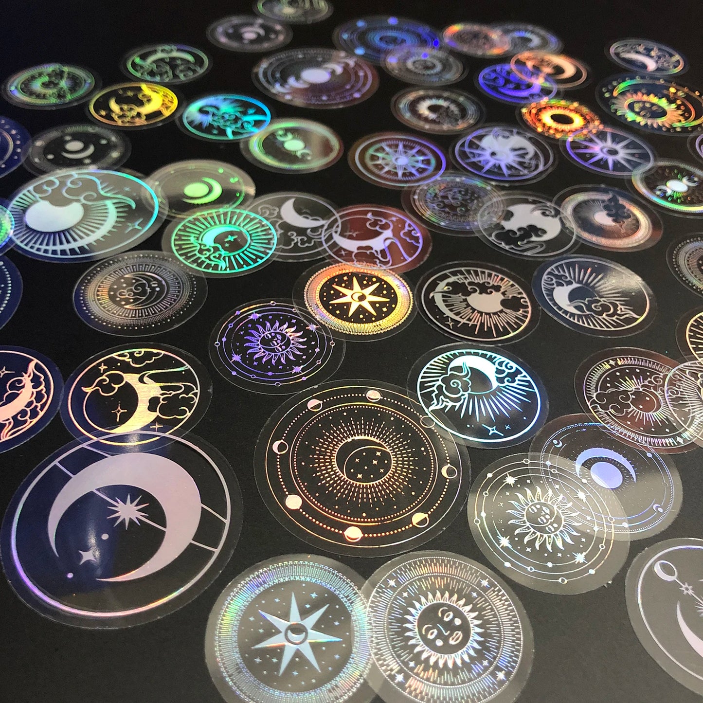 70 Pcs Glitter Gold PET Adhesive Stickers Waterproof Transparent Label Sun Moon Stars Design