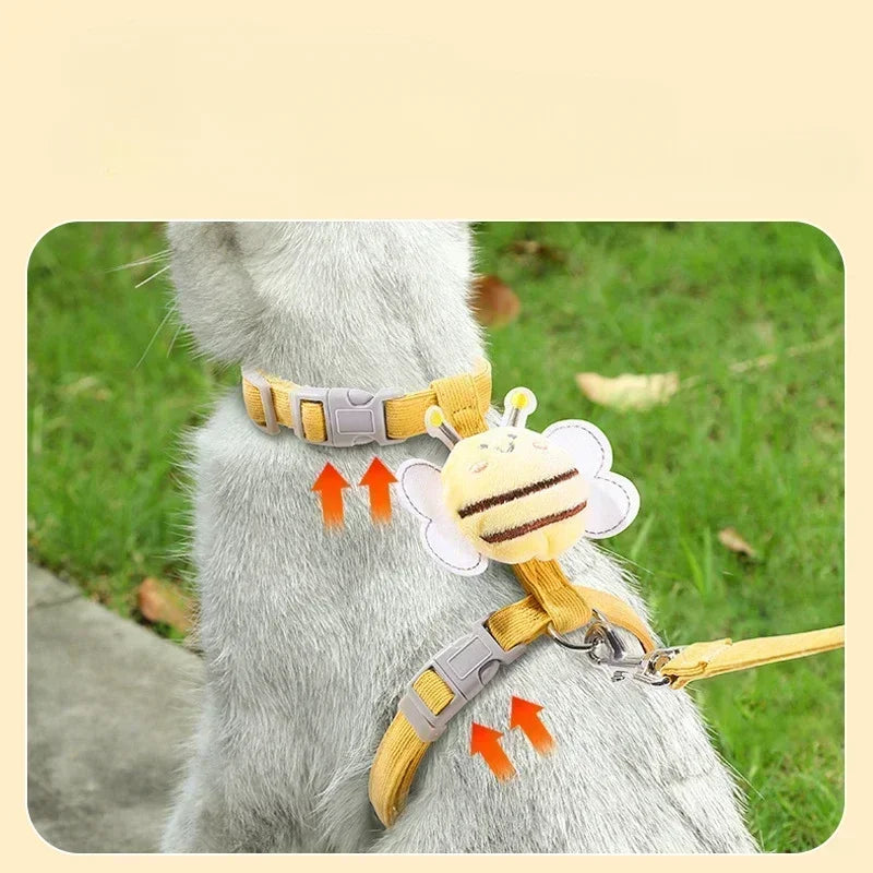 1/2pcs Cat Harness Leash Collar Adjustable Cartoon Bee Double Layer Dog Harness Small Medium Pet Collar Leash Outdoor Walking