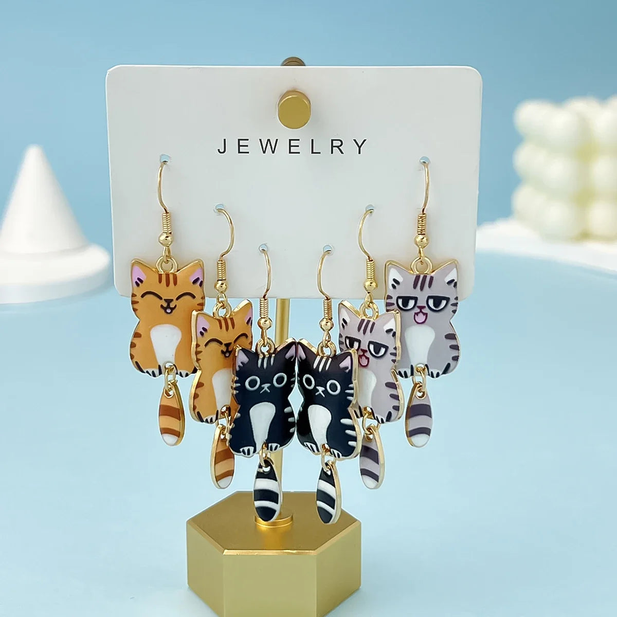 3 Pairs Fun Cute Enamel Alloy Cat Dangle Earrings Set Gift