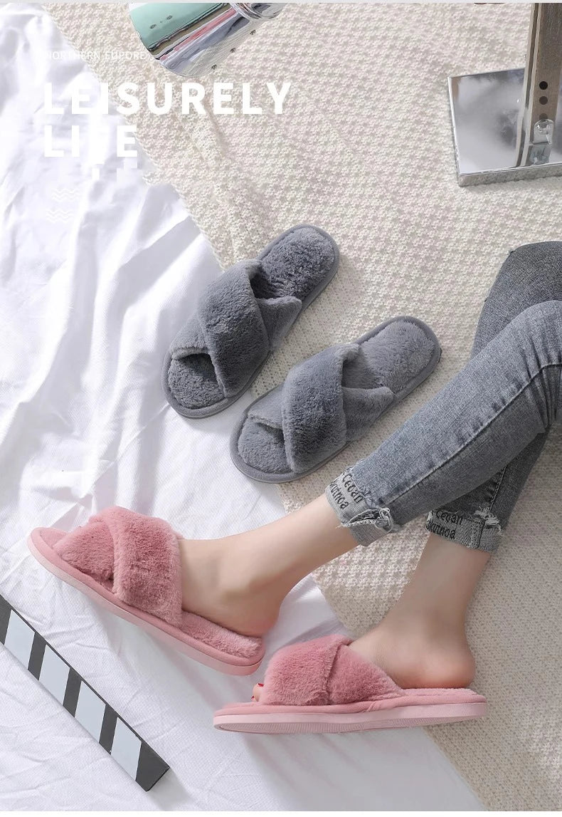 Winter Cross Imitation Rabbit Fur Slippers for Women