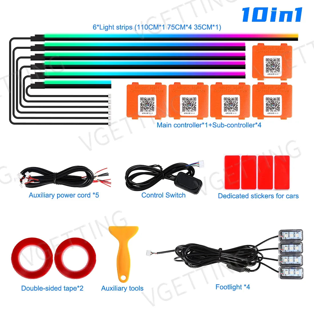 Vgetting 18 in 1 Car Ambient Lights LED Acrylic Strips RGB 64 Colors APP Control