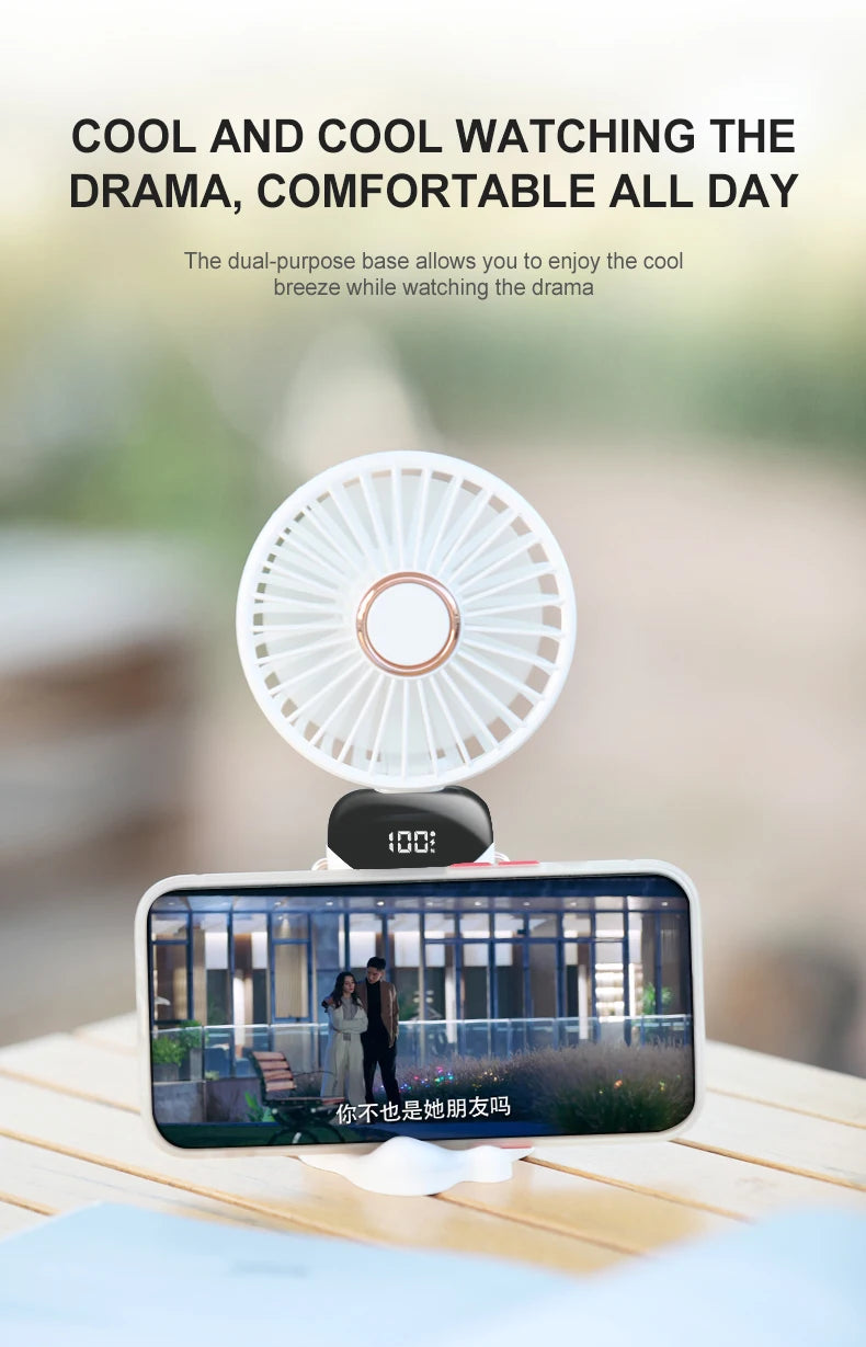 USB Handheld Mini Fan Foldable Portable Neck Hanging Fan 5 Speed Rechargeable with Phone Stand and Display Screen