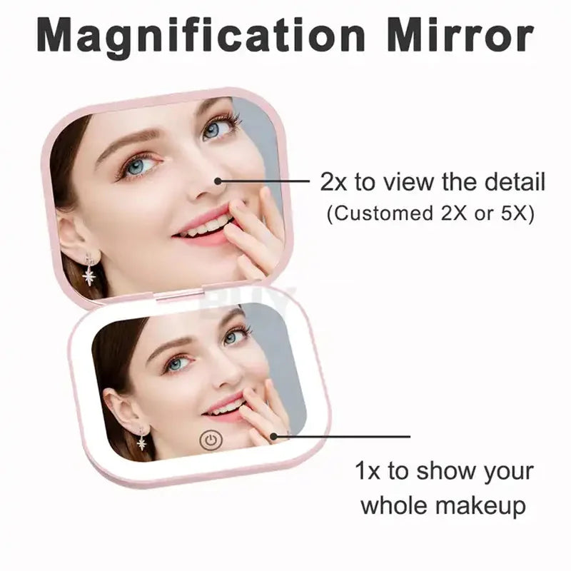 Portable Lighted Travel Mirror with Folding Design and Magnification for On-the-Go Makeup Touch Ups