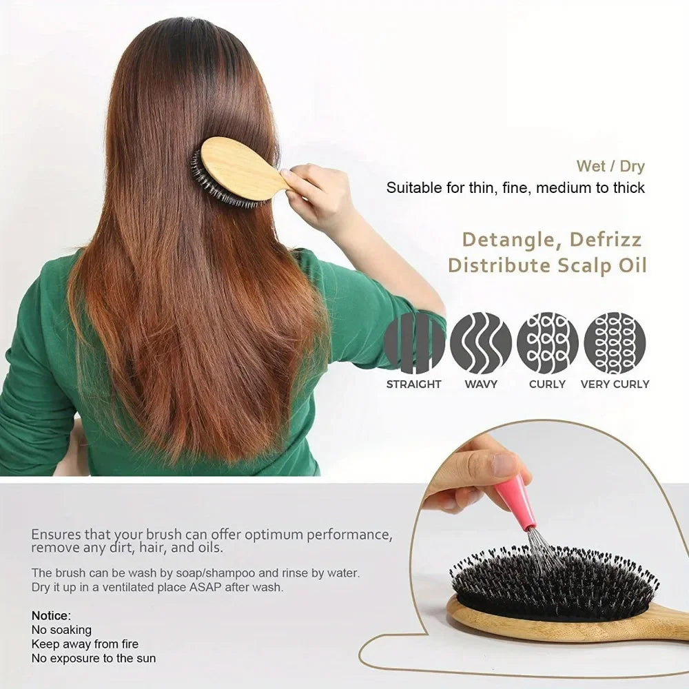 Natural Boar Bristle Hair Brush with Bamboo Handle and Scalp Massage