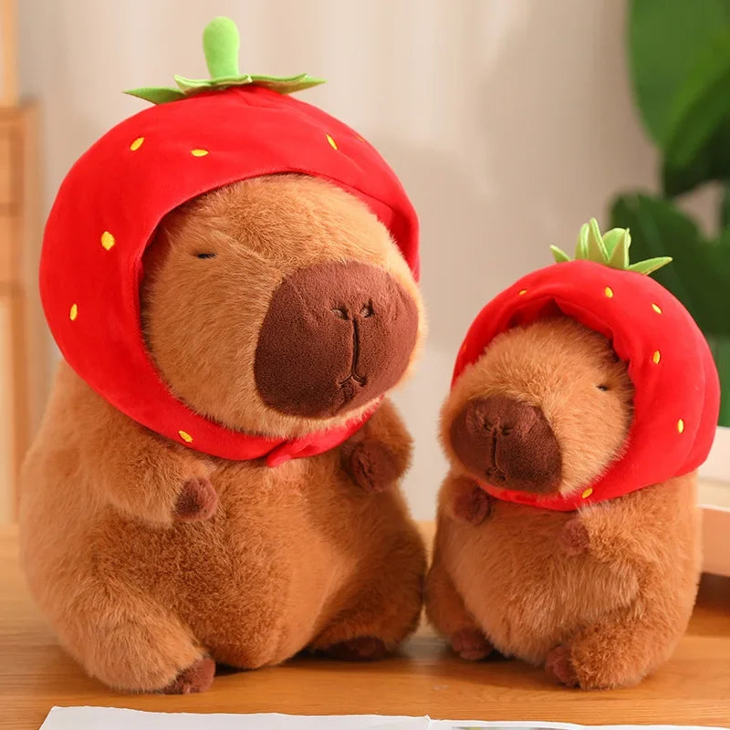 Strawberry Hat Capybara Plush Toy with Turtle Backpack Pendant