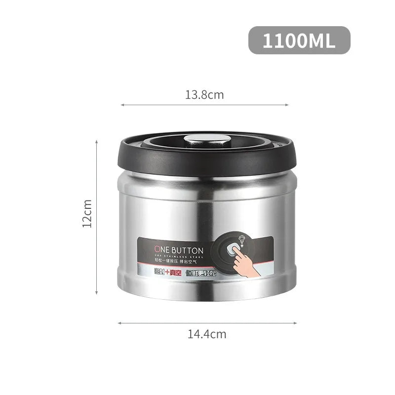 Coffee Bean Vacuum Sealed Canister 304 Stainless Steel Press Type Storage for Grains Tea and Nuts Kitchen Crisper Box
