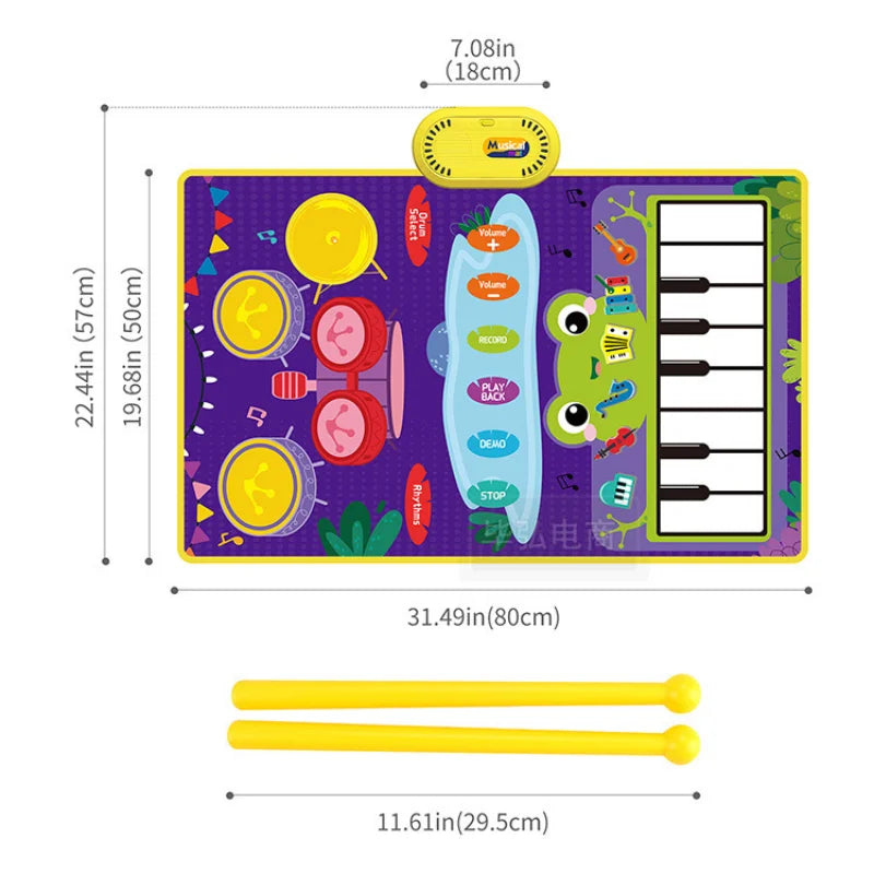 Baby Musical Piano Drum Play Mat 2 in 1 Interactive Dance Mat for Kids and Toddlers with Sounds and Lights
