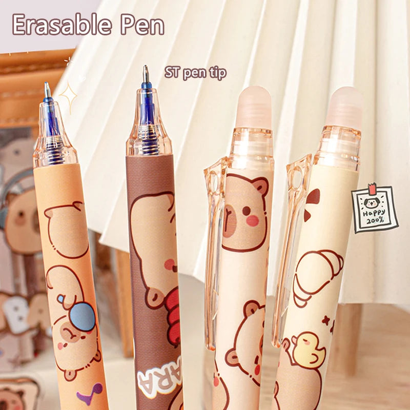 6Pcs Cute Capybara Erasable Pens Blue Ink Quick-Drying Stationery