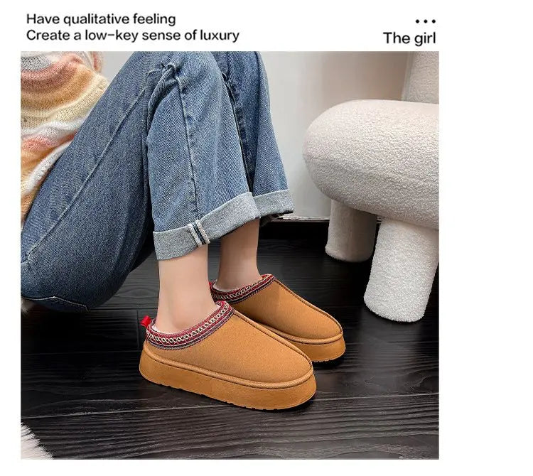 Women's Wool Slippers Warm Sheepskin Platform Shoes 2024