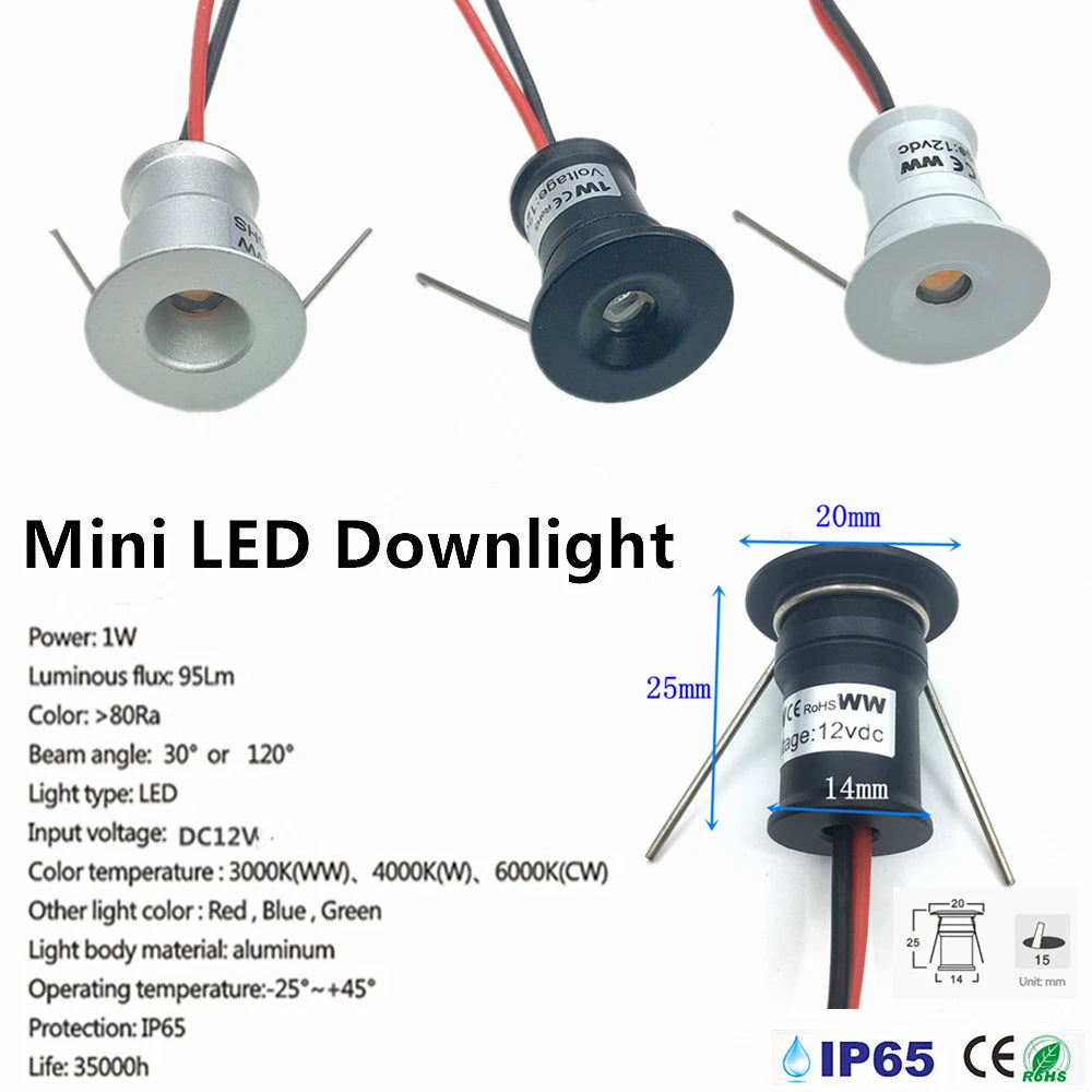 1W Mini Recessed LED Spotlight IP65 for Ceilings Cabinets and Stairs 15mm Downlight with 12V Transformer